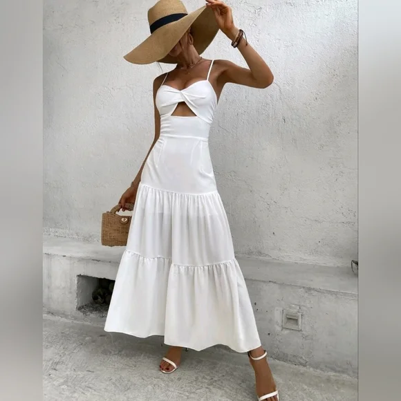 New Chic Cut Out High Waist Maxi Cami Dress White - Picture 3 of 8